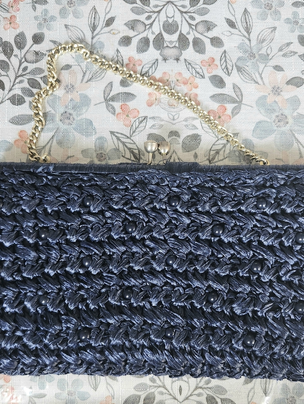 Vintage Woven Raffia Navy Clutch With Beaded Subtle Bead Accents And Chain